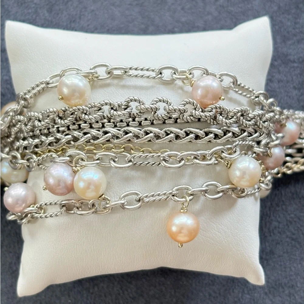 David Yurman 925 & 18k Gold Multi-Strand Pearl Bracelet 7" - Picture 2 of 9